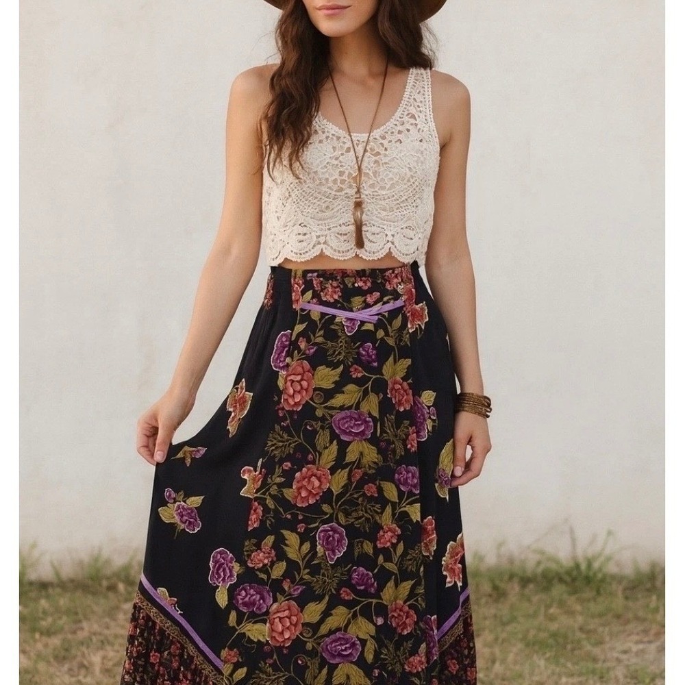 Vintage Maxi Skirt Medium Black Floral Ruffle Elastic Waist 80s Cottage Boho